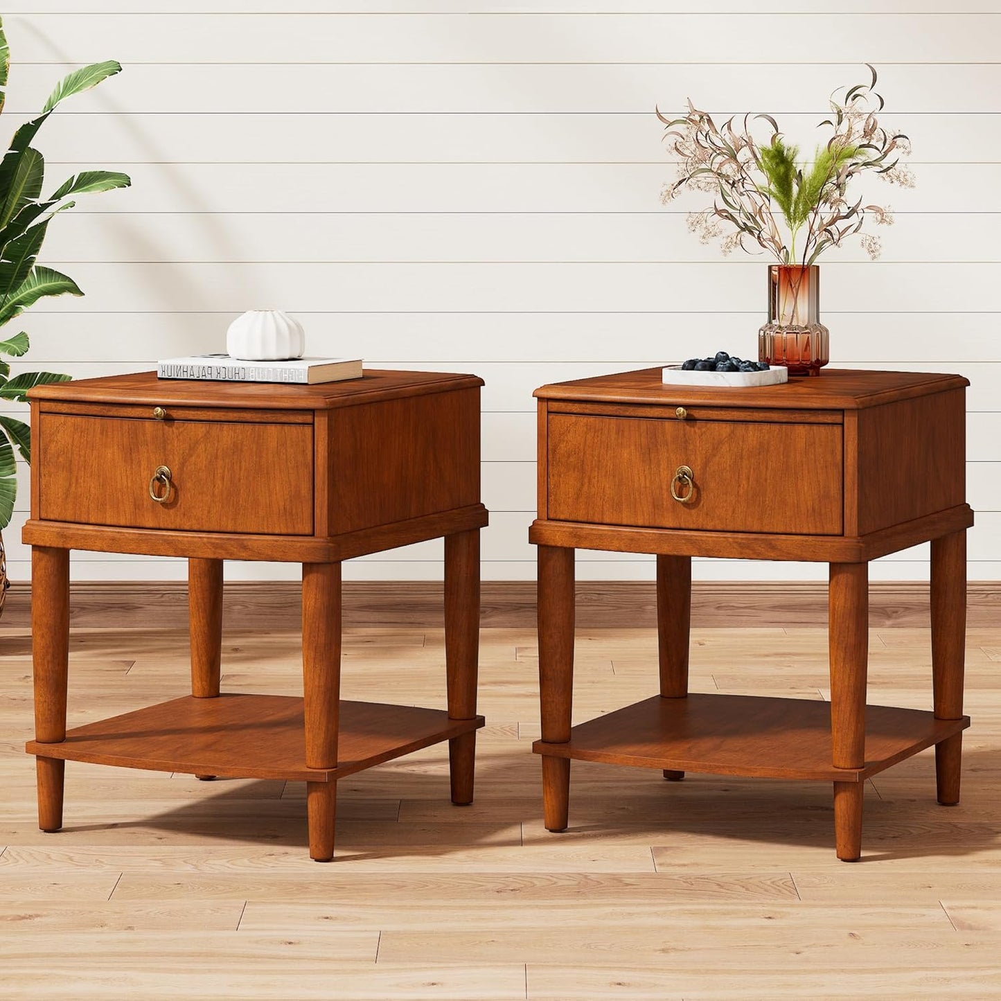 Set of 2 Solid Wood Square End Table with Drawer, 2 Tier Wooden Sofa Side Table with Sliding Shelf & Lower Shelf, Nightstand Bedside Table for Living Room Bedroom, 19.7x17.7x22.8in