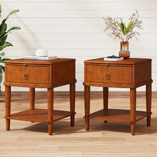 Set of 2 Solid Wood Square End Table with Drawer, 2 Tier Wooden Sofa Side Table with Sliding Shelf & Lower Shelf, Nightstand Bedside Table for Living Room Bedroom, 19.7x17.7x22.8in