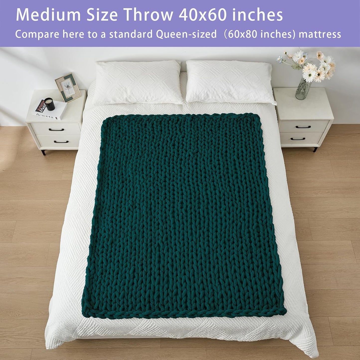 Bigacogo Chunky Knit Throw Blanket for Couch, 40x60 inches, 100% Hand Knitted with Thick Jumbo Chenille Yarn, Cozy Soft Large Rope Knot Cable Crochet Blankets for Sofa Bed Living Room, Dark Green