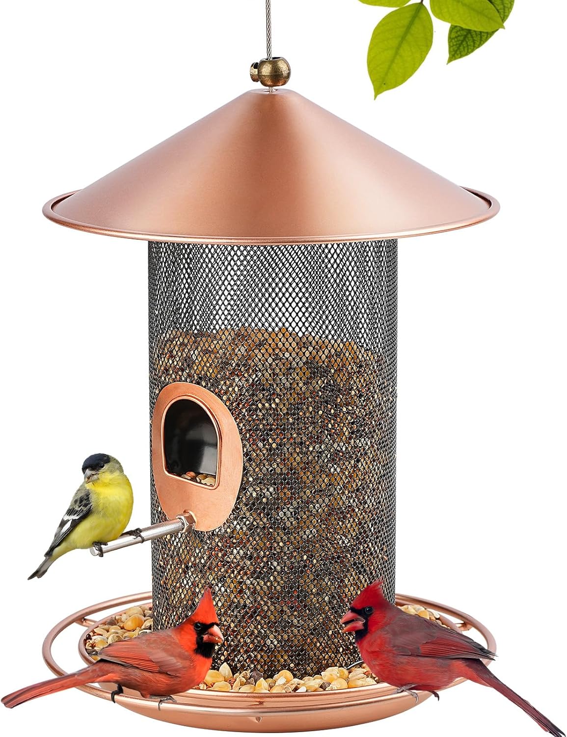 Bird Feeder for Outdoor, Metal Wild Bird Feeder Hanging Outside, 7.5" Copper Roof and 360 Degree Feeding Tray with 2 Extra Feeding Ports, 3 Lbs Bird Seeds Capacity