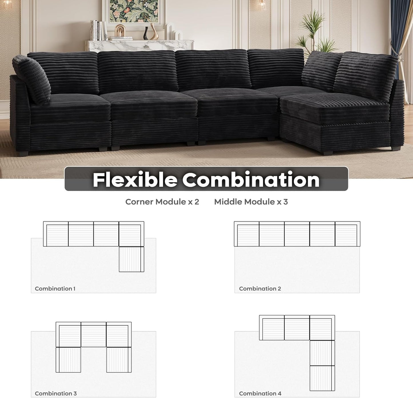 ovios Sectional Sofa Couch with L-Shape Chaise Oversized, Comfy Modular Cloud Couches with Deep Seat, Modern Upholstered Plush Corduroy Sofas Set for Living Room, 5-Seater, Black