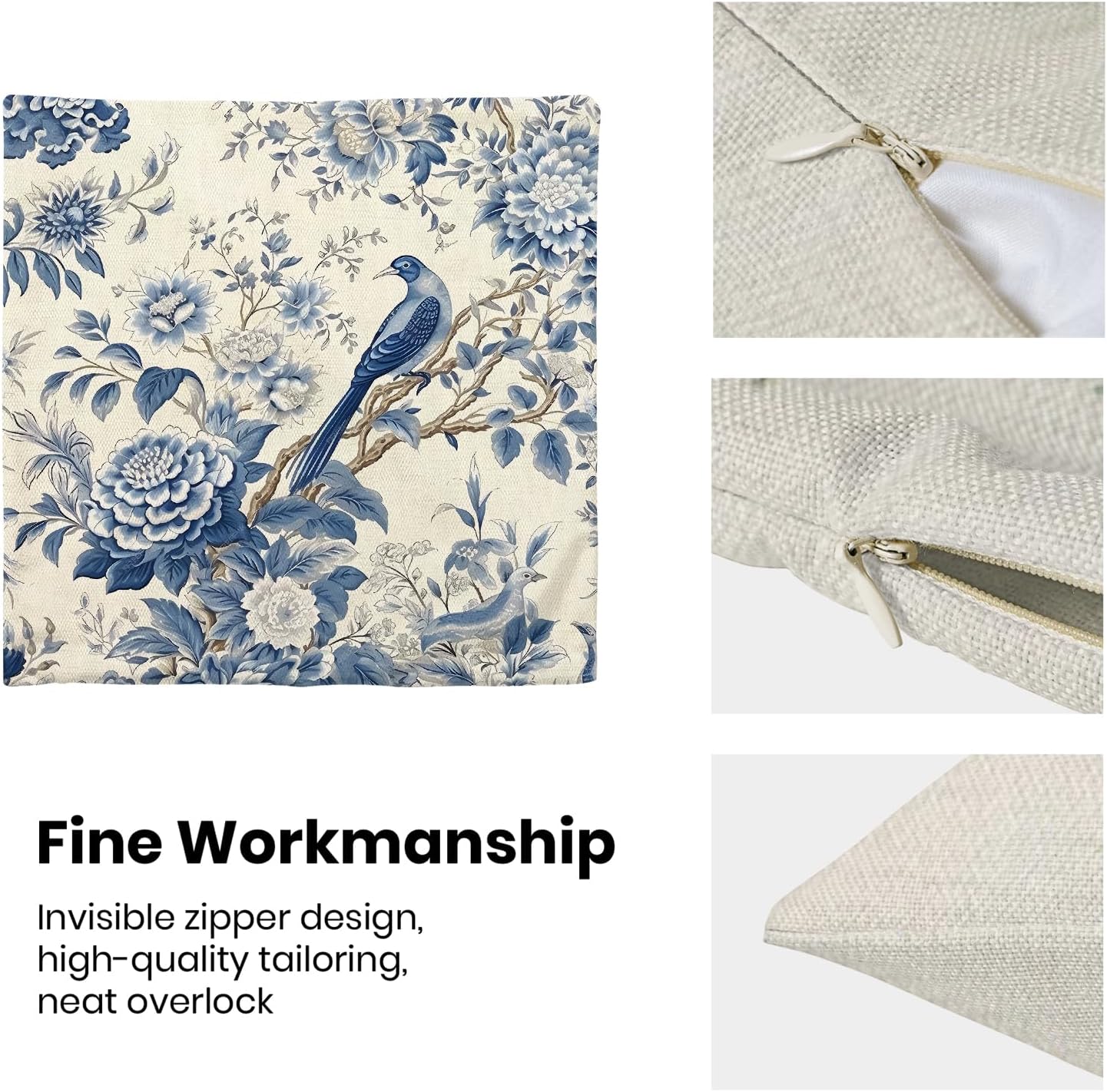 CXMEIFLY Spring Floral Pillow Covers 20 x 20 Inch Set of 2 for Chinoiserie Flowers Bird Decor Throw Pillows Vintage Blue and White Plant Outdoor Decorative Cushion Cases for Couch Bed Decorations