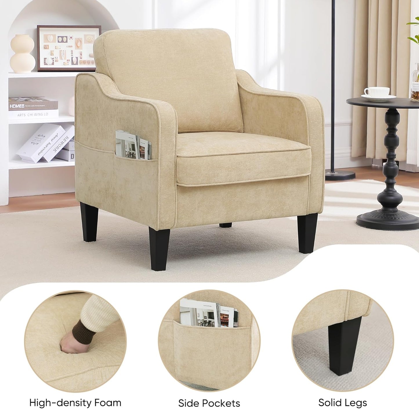 Accent Chair for Living Room, Mid Century Modern Reading Chair for Bedroom, Upholstered Armchair with Side Pockets, Comfy Single Sofa Side Chair for Office, Apartment, Small Room, Light Brown