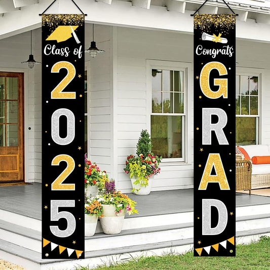 Graduation Decorations 2025 GRAD Banner Black Porch Door Sign Welcome Banner For Indoor Outdoor Wall Graduation Decorations Class of 2025