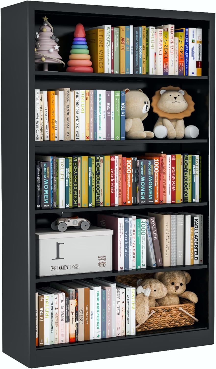 Black Bookshelf, 55” Adjustable Tall Metal Bookshelf, 5-Tier Toy Storage Organizer with Anti-Tilt Device, Modern Book Cases and Book Shelves for Bedroom, Playroom, Classroom, Study