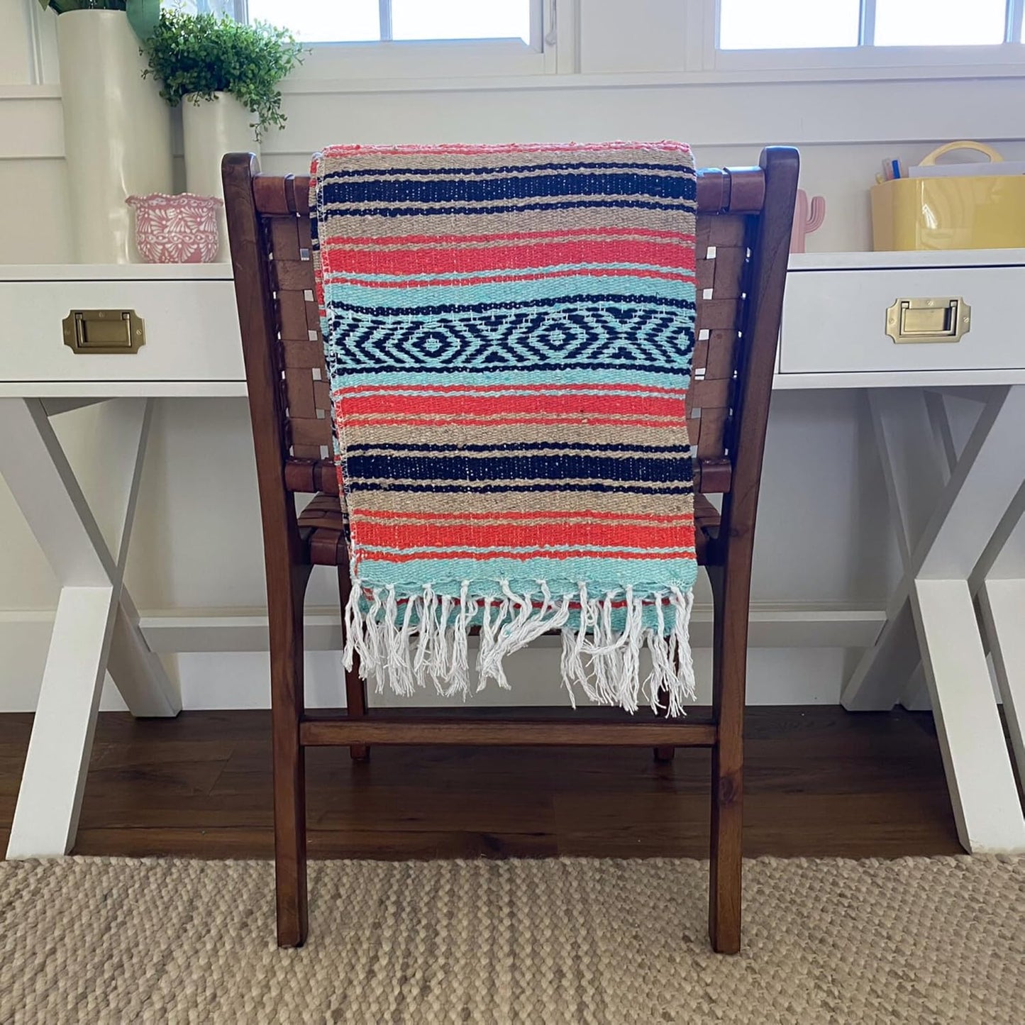 Del Mex Classic Mexican Blanket, Large Authentic Woven Falsa Throw (70"x50"), Artisan Southwest Décor for Beach, Yoga, Outdoors (Mint/Tan/Orange)