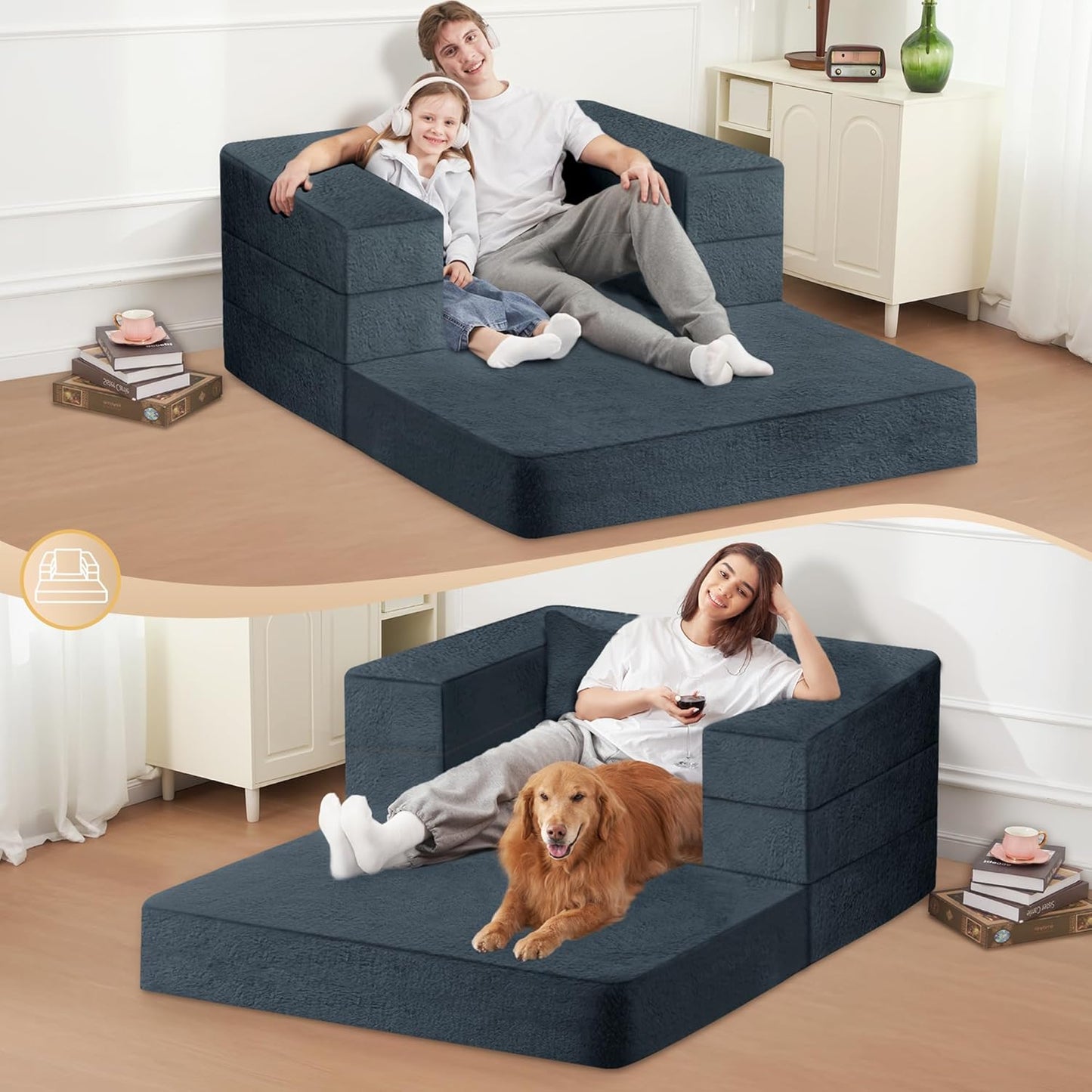 Folding Bean Bag Chair for Adults,3-in-1 Bean Bag Couch Faux Fur Floor Sofa Large Beanbag Convertible Bean Bag Sofa Bed with Pillow in Bedroom,Living Room,Apartment(Twin,Dark Grey)