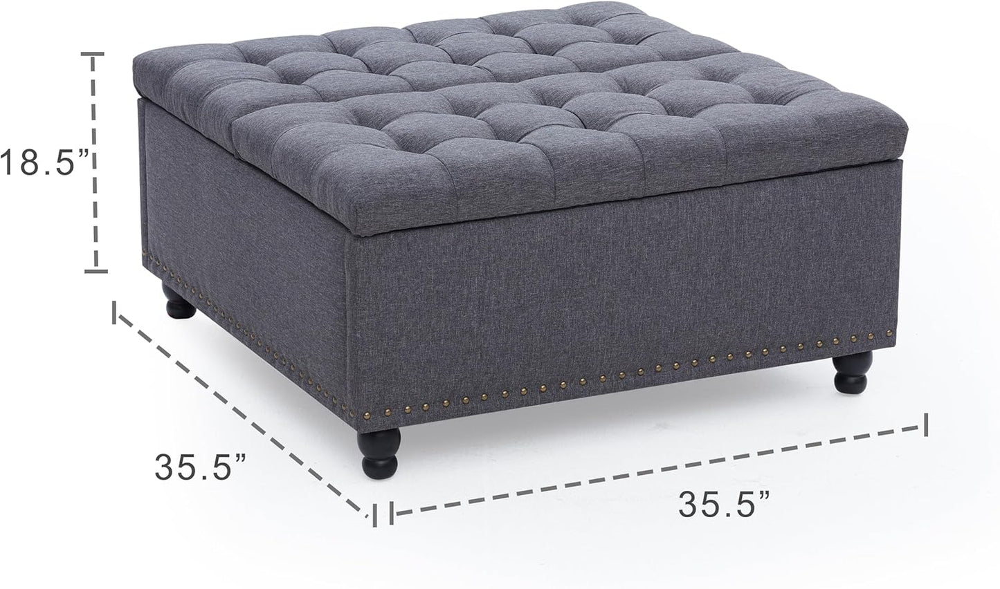 Tbfit Large Square Storage Ottoman Bench, Tufted Upholstered Coffee Table Ottoman with Lift Top & Wooden Legs, Oversized Storage Ottomans Toy Box for Living Room (Dark Grey)