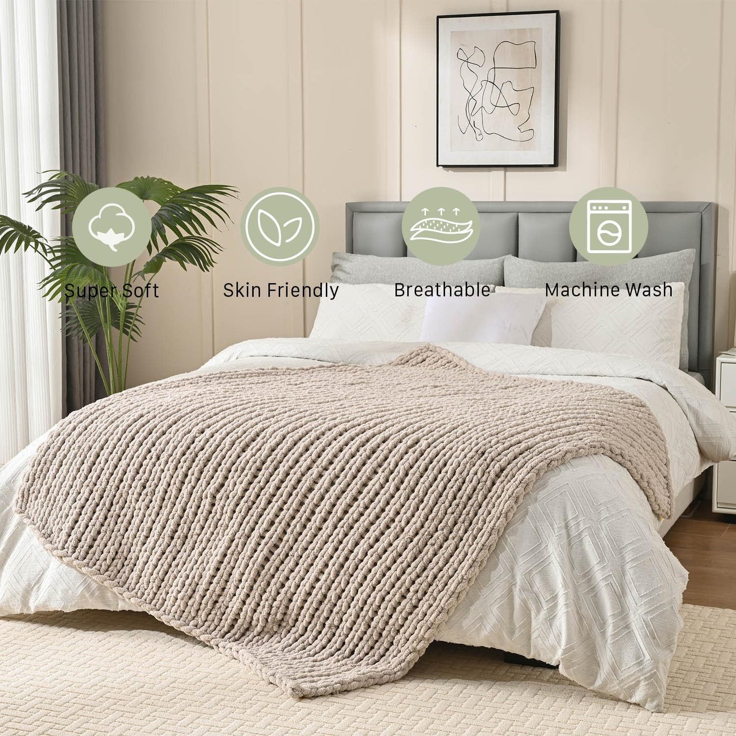 Esterra Chunky Knit Blanket Throw 50"x60", 100% Hand Knitted Chenille Throw Blanket, Cozy Soft Thick Cable Knit Throw Large Rope Knot Crochet Throw Blanket for Sofa Couch Bed, Linen Beige