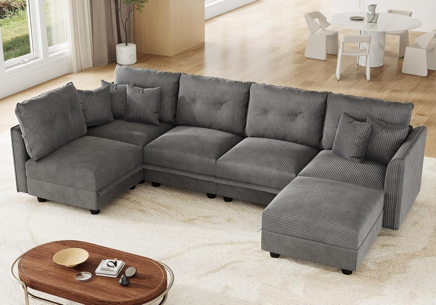 LLappuil Modular Sectional Sofa with Storage Seats, Corduroy Convertible Modular U Shaped Sectional Couch for Living Room, 6 Seat Oversized Sofa with 5 Back Cushion 5 Throw Pillow, Grey