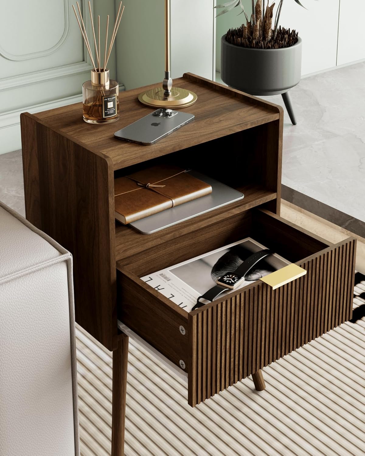 Nightstand,Modern Bedside Table with Storage Drawer and Open Wood Shelf, Accent Night Stand with Solid Wood Legs for Living Room, Bedroom and Small Spaces,Easy Assembly (Walnut Brown)