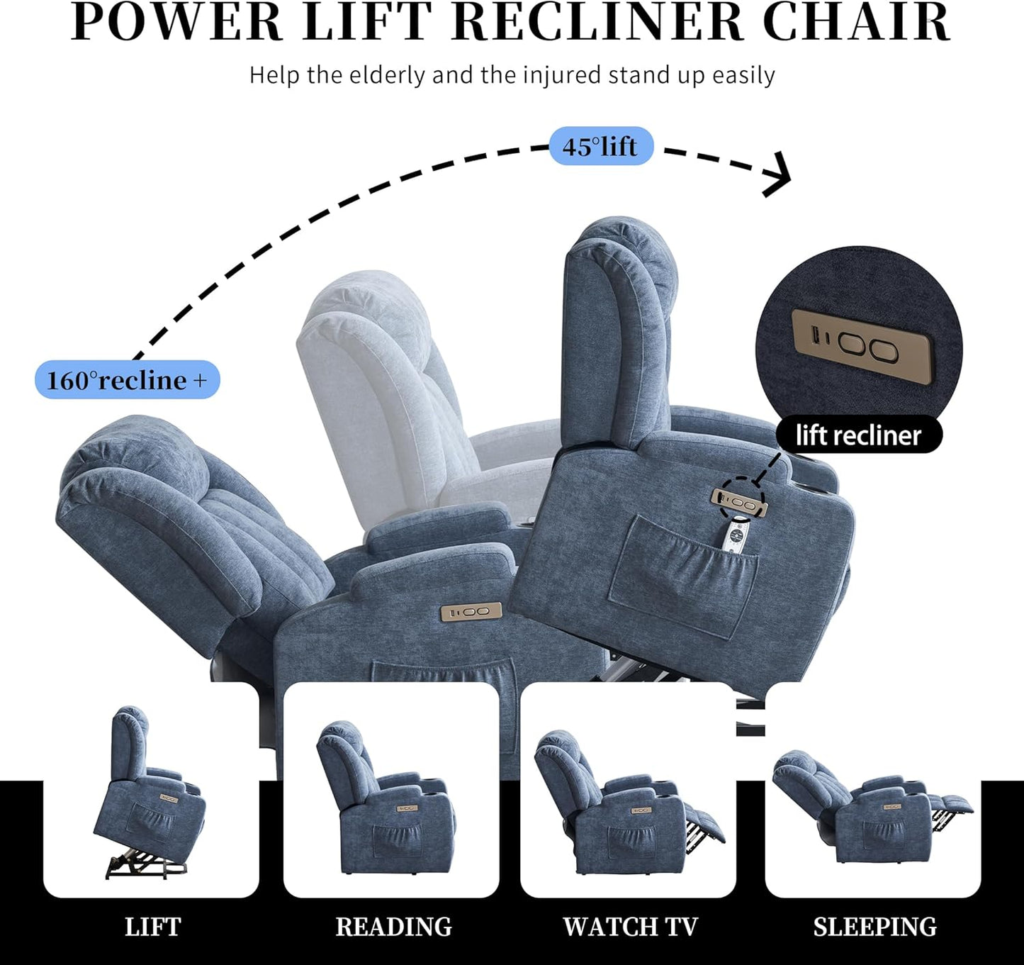 Power Lift Recliner Chair for Elderly with Massage and Heat, Recliner Chairs for Adults, Upgraded Fabric Reclining Sofa Chair with USB & Type-C Ports and Side Pockets, L1188 (Blue)