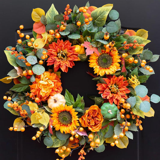 Fall Wreaths for Front Door 24 Inch Autumn Wreath with Sunflowers, Orange Dahlias, Maple Leaves & Berries – Fall Door Wreath for Outdoor or Indoor Thanksgiving Decor
