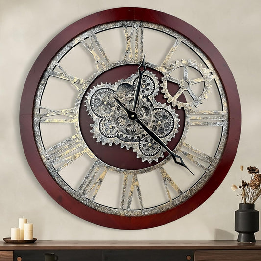 HOIBAI Large Wall Clock, 18 Inch Wall Clocks for Living Room Decor Farmhouse Vintage Rustic Kitchen Wall Decor Vintage Roman Big Oversized Wall Clock for Home Bedroom House Office, Moving Gears Clock