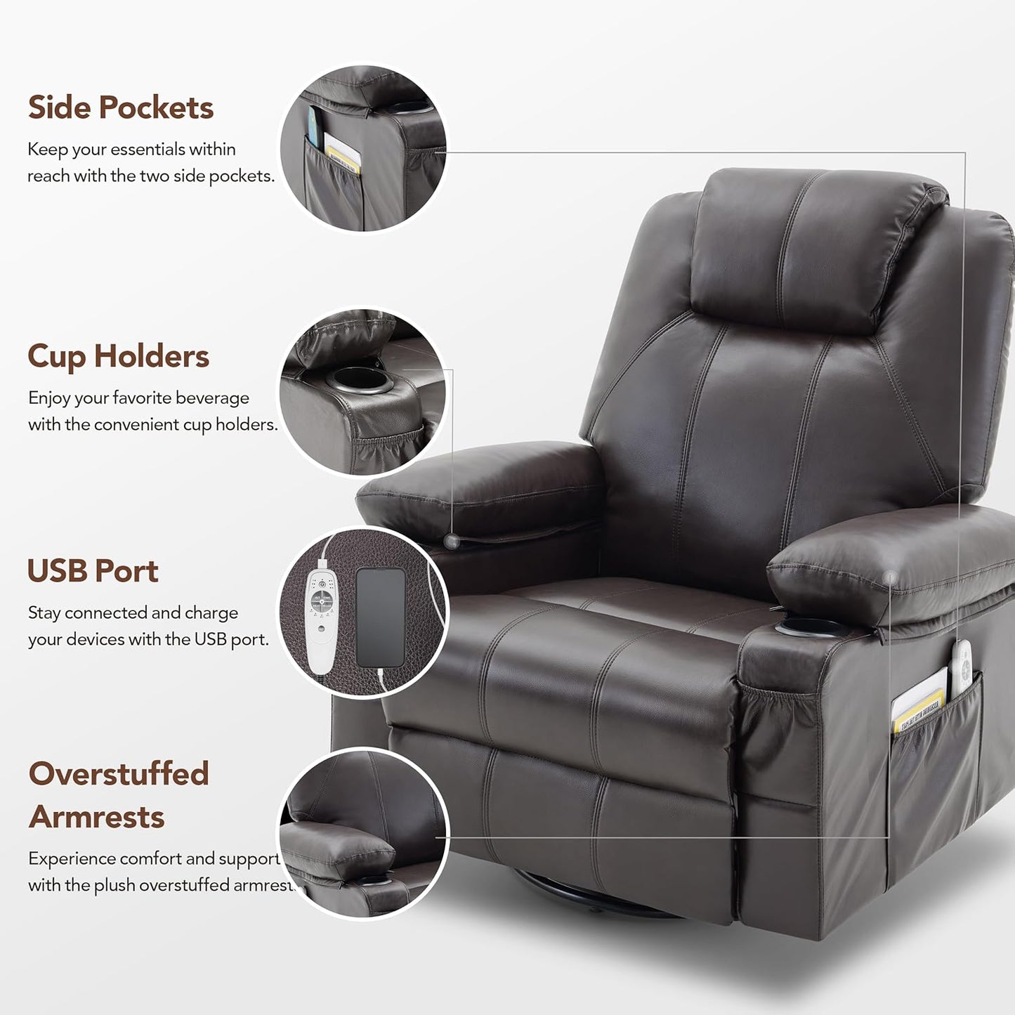 Oversized Swivel Rocker Recliner Chair with Heat and Massage, 360 Degree Swivel Rocking Single Sofa with Cup Holders and USB Port, Large Big Recliner Chair for Living Room (Leather, Brown)