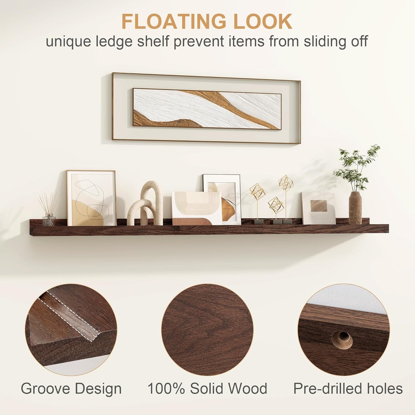 Floating Picture Ledge Shelves 48 Inch Solid Oak Wood Set of 2, Rustic Wall Storage Shelves with Lip, Kids Bookshelf, Photo & Picture Ledge Shelves for Bedroom, Living Room, Kitchen