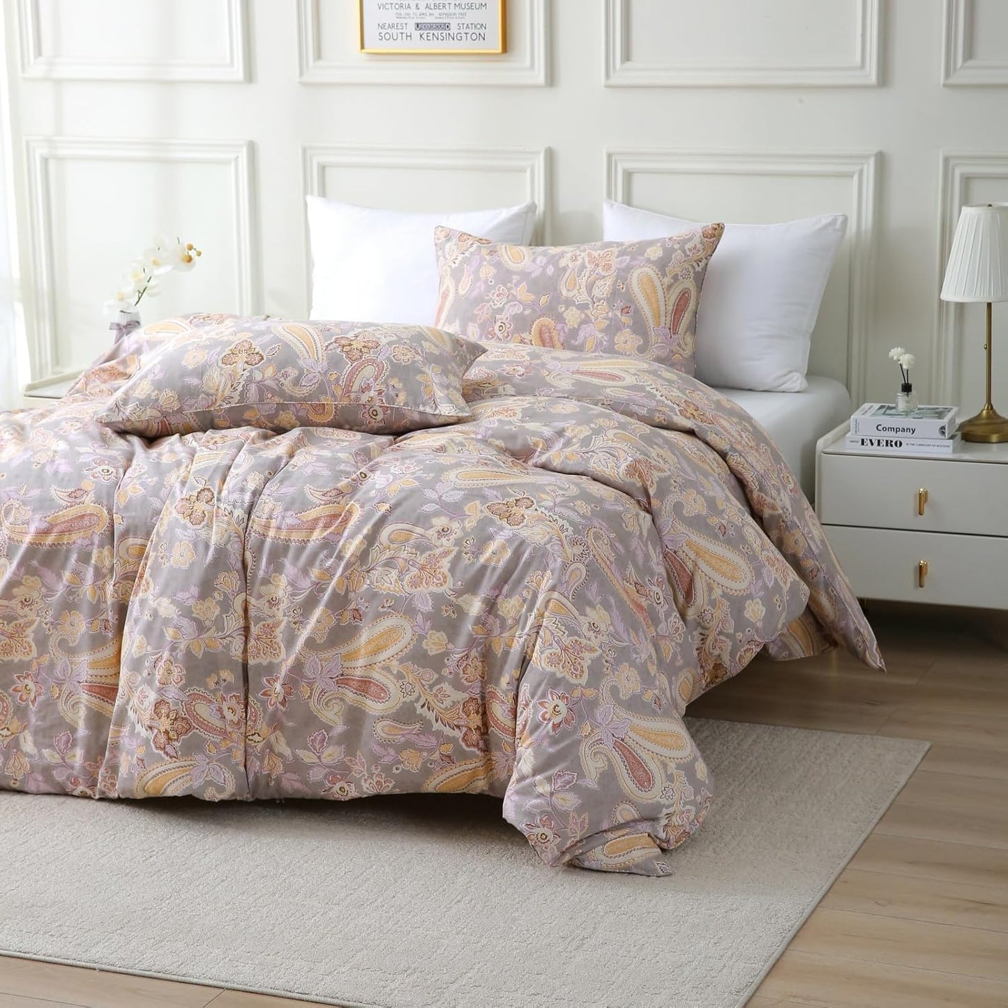 ABREEZE Paisley Bedding Sets 3Pcs Brushed Cotton Duvet Cover Set Queen Size Rustic Damask Gold Floral Comforter Cover with Zipper Closure Boho Bedding Collections