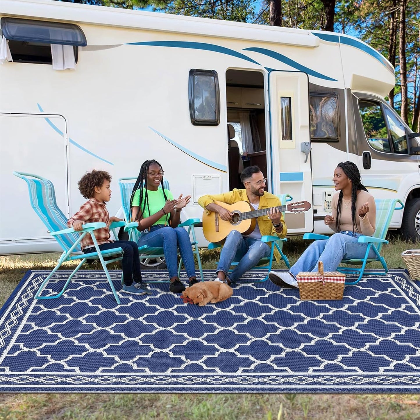 GAOMON Outdoor Rug 9'x12' Waterproof Rug for Patio Decor, Foldable Reversible Plastic Straw Area Rugs Mat for Camper, Outside Carpet for Deck, Porch, Picnic, Beach, Navy/White(Geometric)