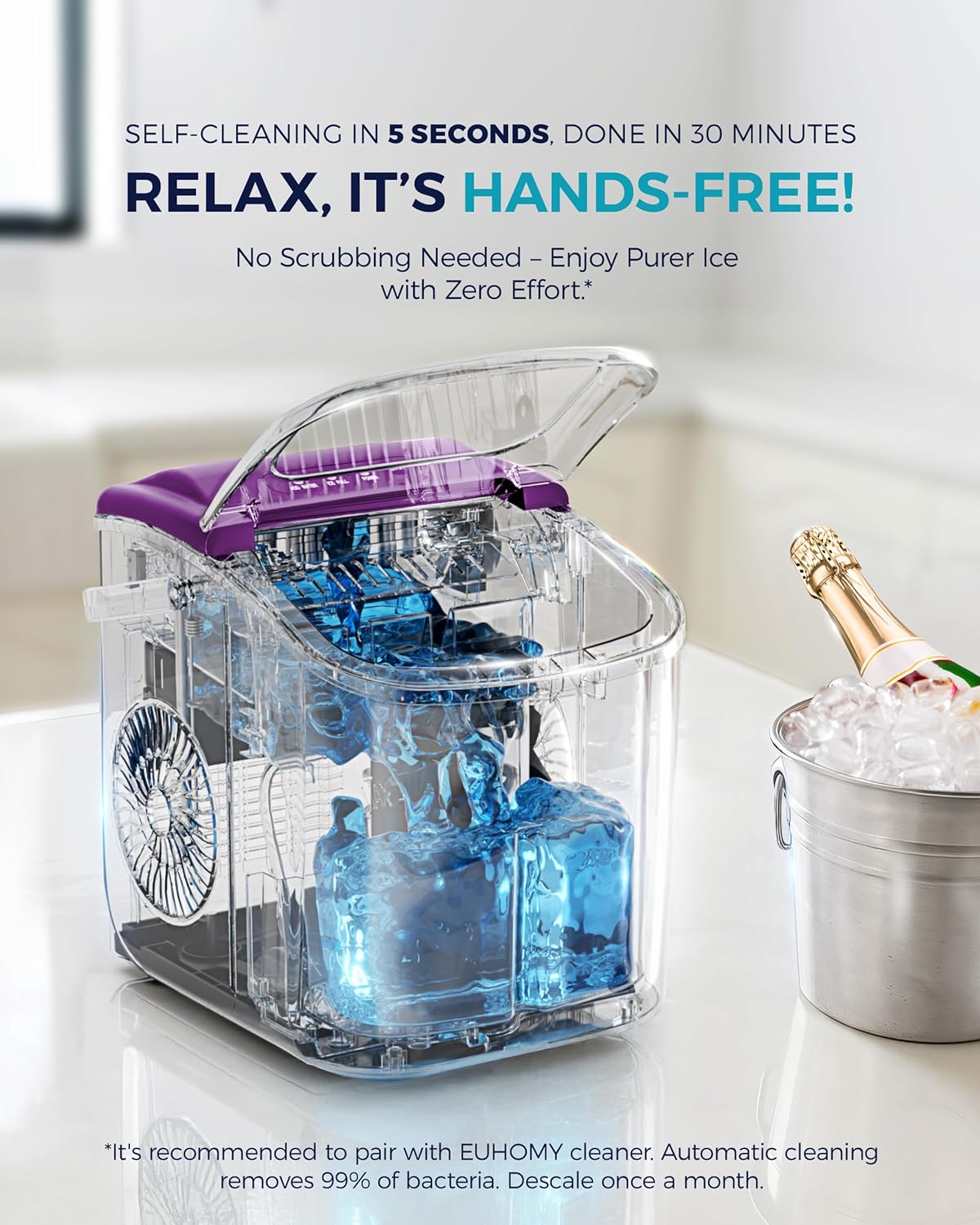 EUHOMY Countertop Ice Maker Machine with Handle, 26lbs Per Day, 9 Ice Cubes Ready in 6 Mins, Auto-Cleaning Portable Ice Maker with Basket and Scoop, for Home/Kitchen/Camping/RV (Purple)