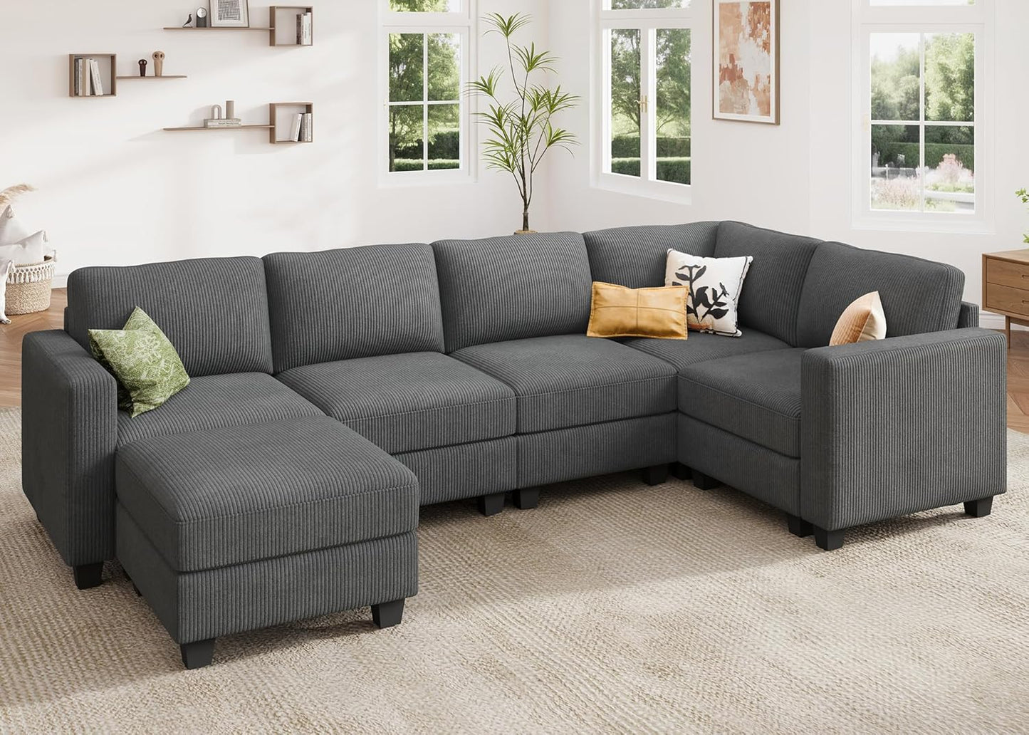 HONBAY U-Shaped Corduroy Sectional Couch with 6 Seaters Modular Sectional Sofa with Storage Sectional Couches for Living Room, Dark Gray