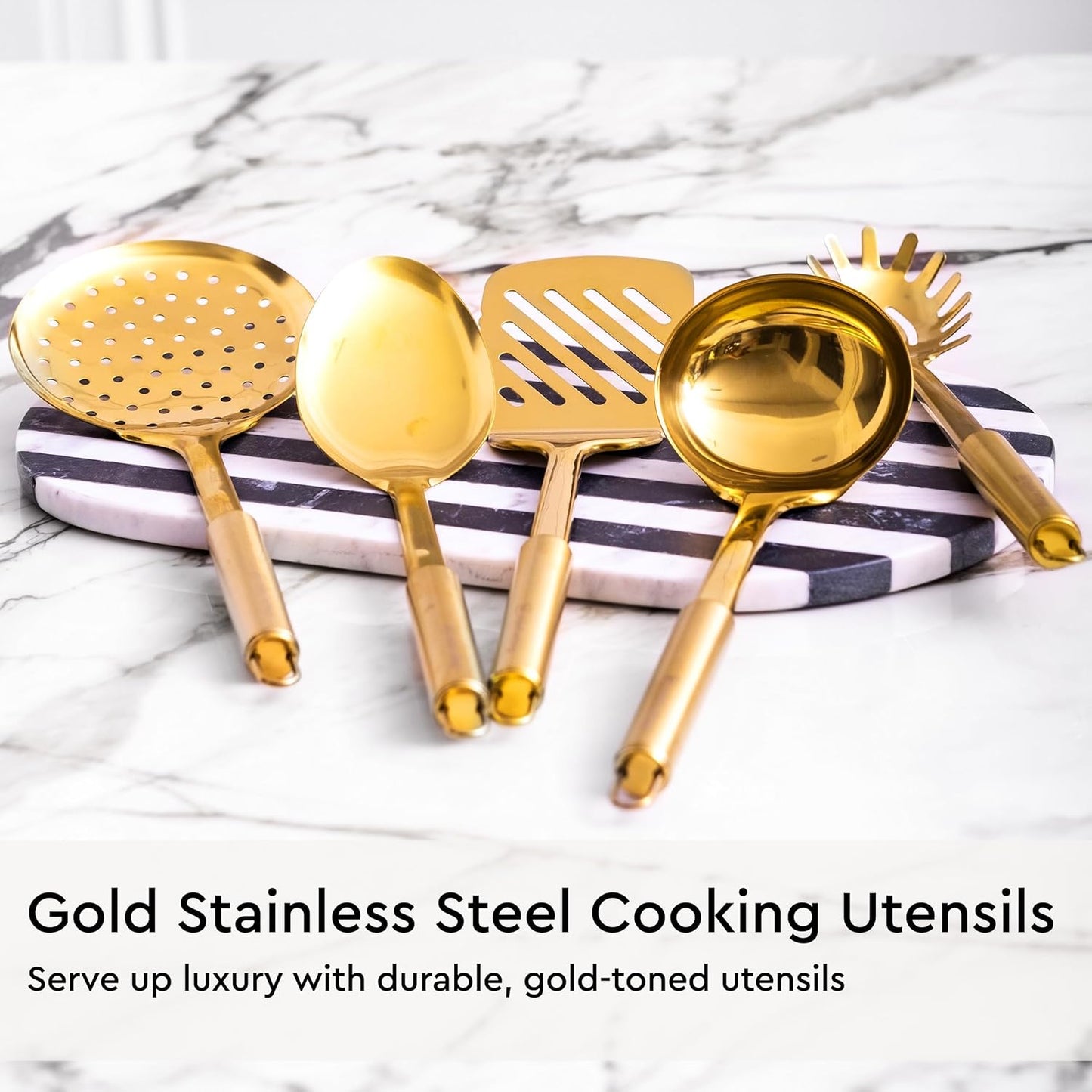 Black and Gold Kitchen Utensils Set - 19-PC Set Includes Stainless Steel and Silicone Cooking Utensils, Measuring Cups and Spoons - Black and Gold Kitchen Accessories for Stylish Cooking & Serving