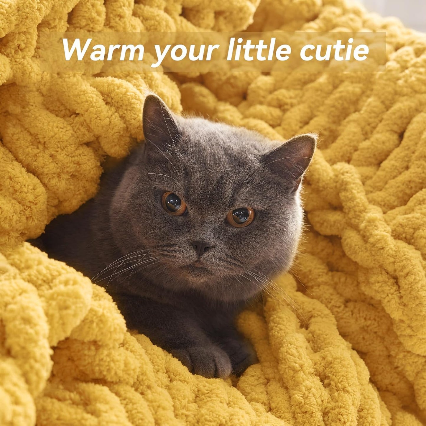 Chunky Knit Throw Blanket, 30''*40'' Knitted Throw Chenille Yarn for Bed Couch, Handmade Yellow Crochet Big Thick Blanket, Machine Washable Cute Comfy Blanket for Home Decor