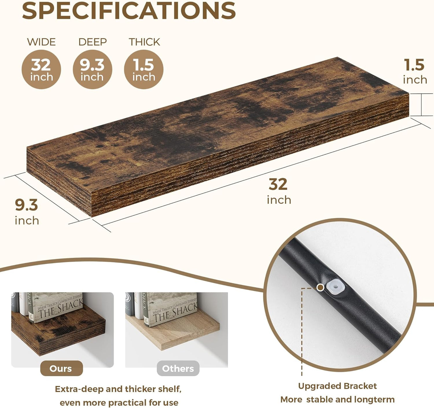 Dreamland 32 Inches Floating Shelves for Wall, 9.3" Deep Long Floating Shelves Set of 2, Large Display & Storage Shelf, Wall Shelf for Bathroom Bedroom Living Room Kitchen Office, Rustic Brown