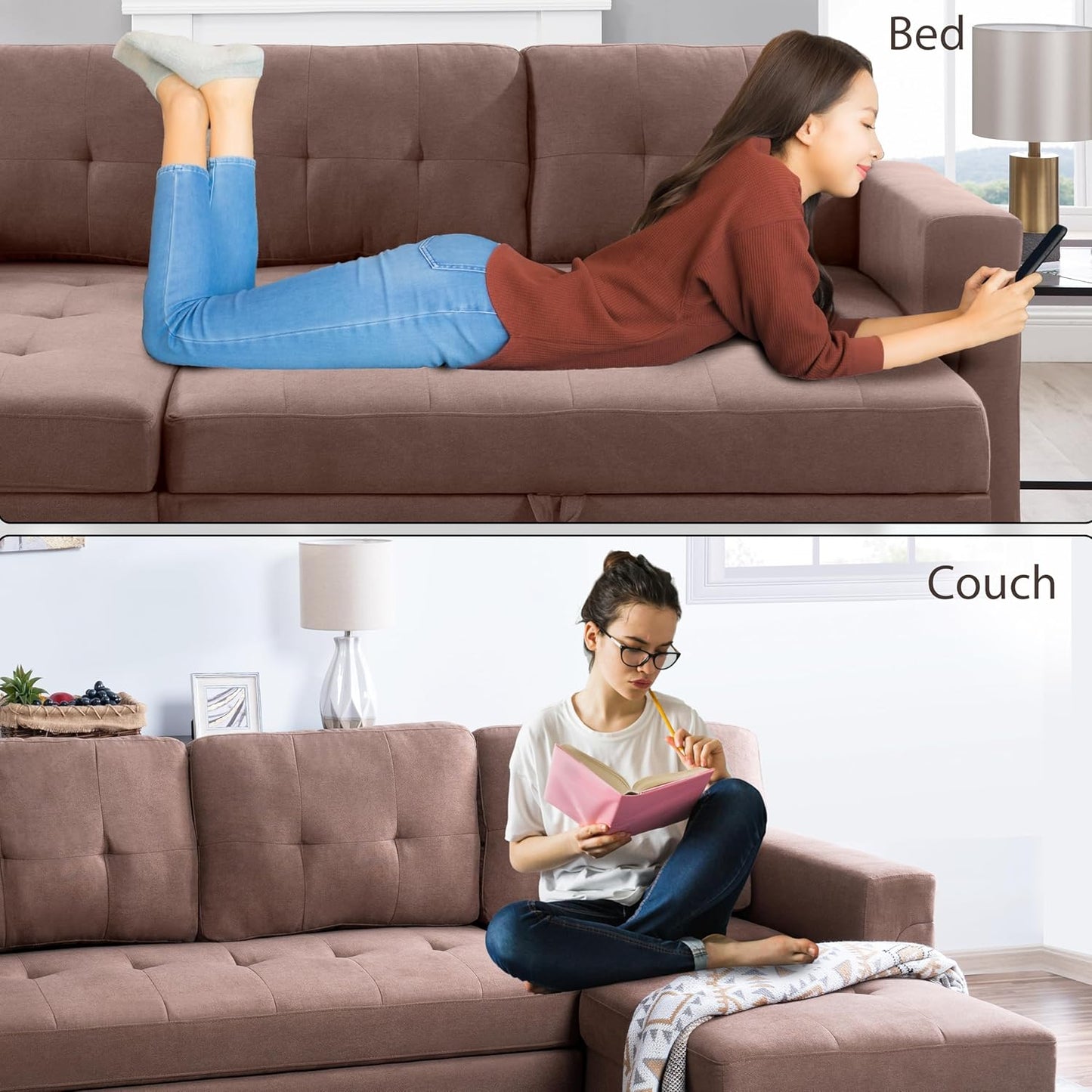 Naomi Home Transform Any Space: Sleeper Sectional Sofa with Convertible Sofa Bed & Inviting Chaise. Find Tranquil Comfort with Stress-Relieving Design & Durable Cushions - Mocha/Velvet