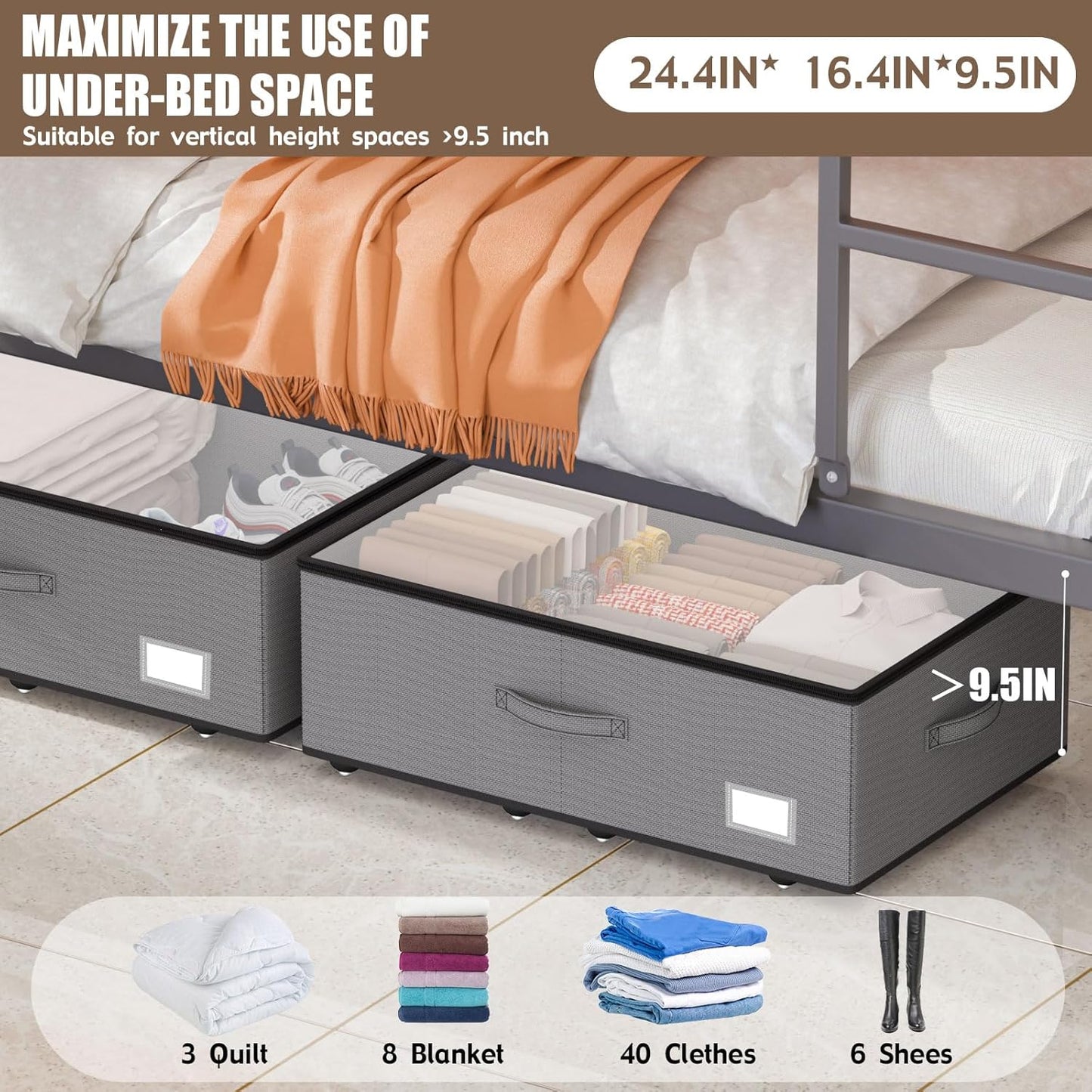 Under Bed Storage with Wheels, No Assemble Required 10 inches height Under Bed Storage bins,Large capacity Rolling Under bed Shoe Storage containers，dorm under bed storage drawers