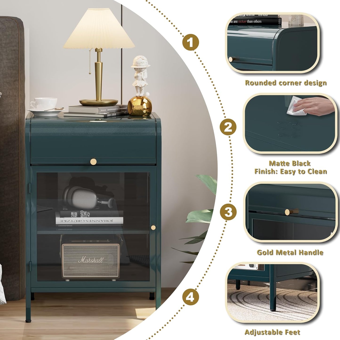 Modern Metal Side Tables, End Tables with Glass Door, 2-Tier Nightstands with Storage Shelves, Accent Table, Slim Sofa Table for Living Room, Bedroom (1, Green)