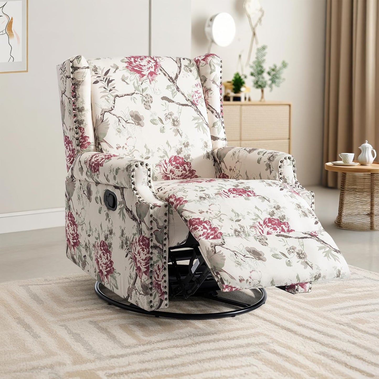 UIXE Swivel Rocker Manual Recliner Chair, Wingback Swivel Glider Fabric Nursery Reclining Sofa Chair, High Back Upholstered Arm Chair for Living Room Bedroom - Beige Floral