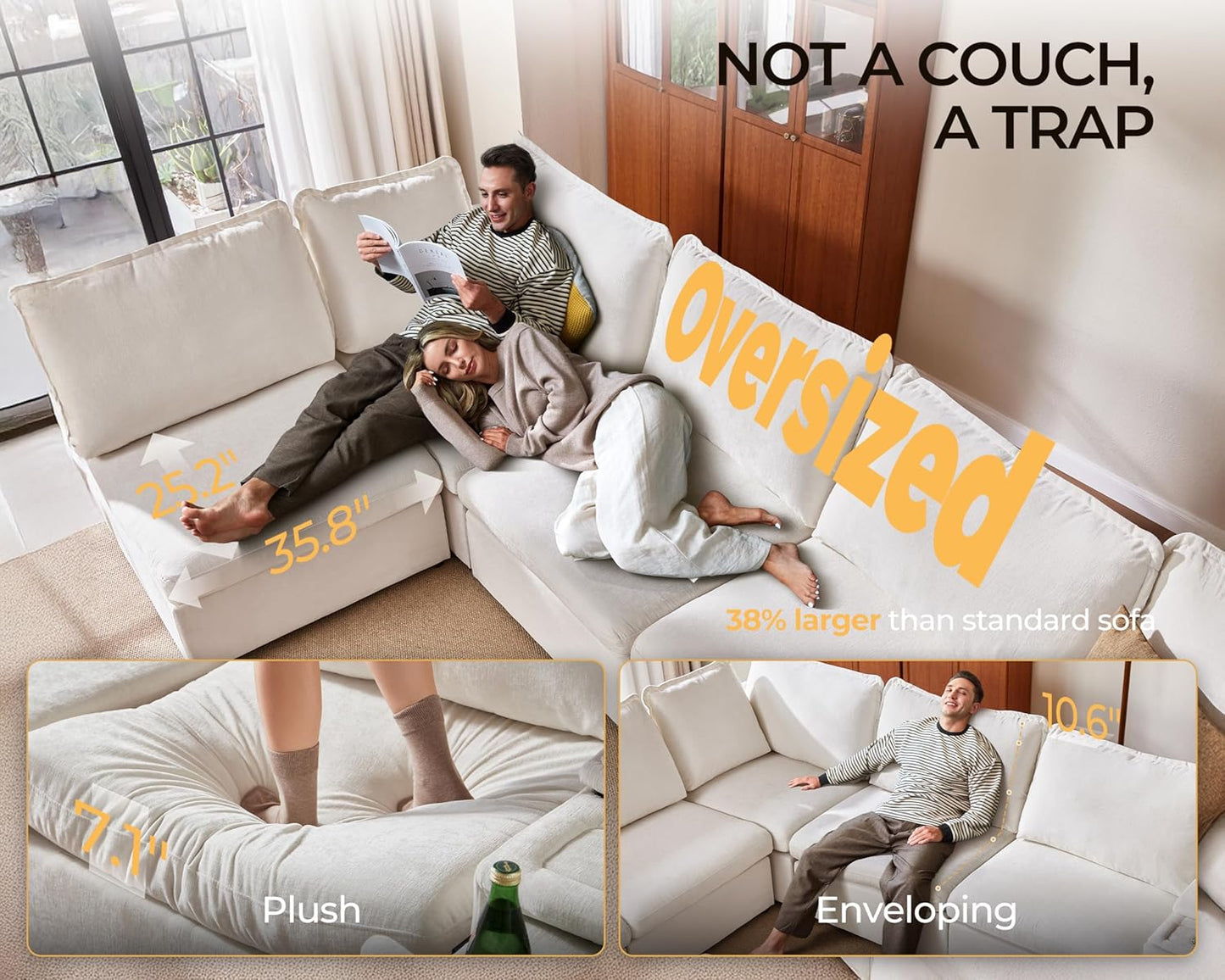 Oversized Modular Sofa Comfy Cloud Couch with Storage, Extra Deep Plush Sectional Sofa Set for Living Room, Covers Washable, Chenille, Olar (White, 3-Seater, Basic Shape)