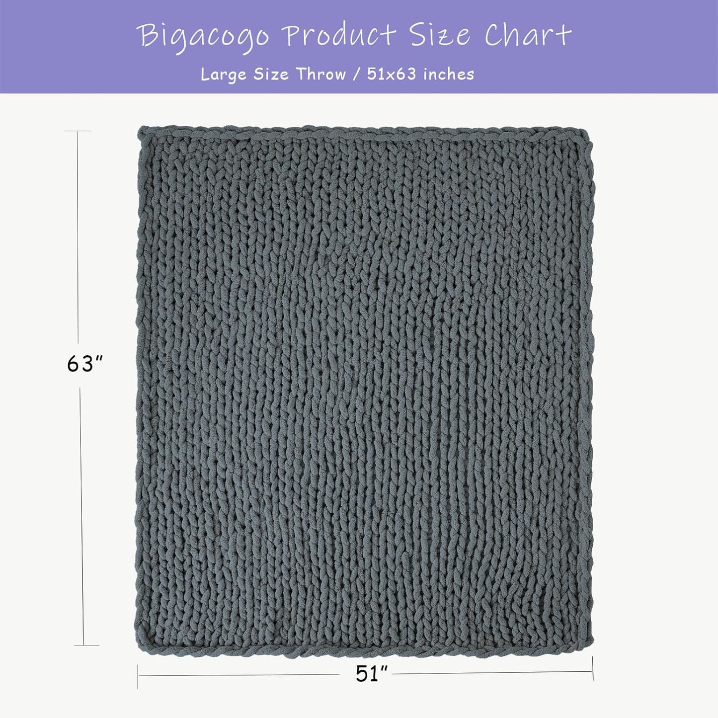 Bigacogo Chunky Knit Throw Blanket for Couch, 51x63 inches, 100% Hand Knitted with Thick Jumbo Chenille Yarn, Cozy Soft Large Rope Knot Cable Crochet Blankets for Sofa Bed Living Room, Iron Gray