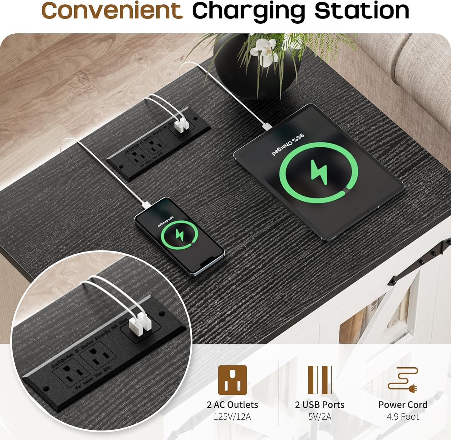 Farmhouse Side Table with Storage Cabinet, End Table with Adjustable Shelf, Large Night Stand, Wood Nightstand with Charging Station, 24" End Tables Living Room, Rustic Bed Side Tables Bedroom