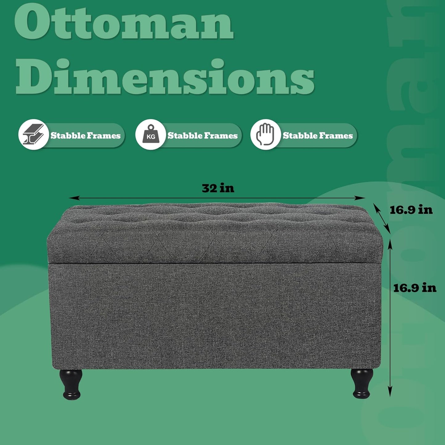 Ottoman with Storage 32'' Ottoman Storage Bench Linen Fabric Ottomans Footstools Upholstered Foot Rest Stool for Couch, Living Room, Bedroom, Entrance Shoe Bench Dark Gray