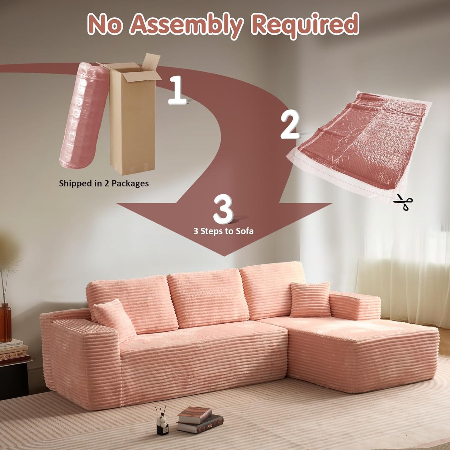 ovios 104" Cloud Sectional Couch with L-Shape Chaise,Modern Modular Sofa with Deep Seat, Upholstered Couches for Living Room Bedroom,No Assembly Required, Pink (Plush Corduroy Fabric)