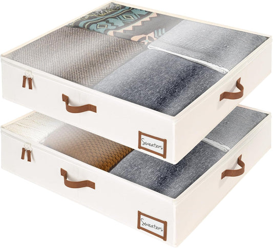 StorageWorks Underbed Storage Box, Under Bed Clothes Organizer With Sturdy Structure and Ultra Thick Fabric, Beige, 30" L x 28" W x 6" H, 2 pack