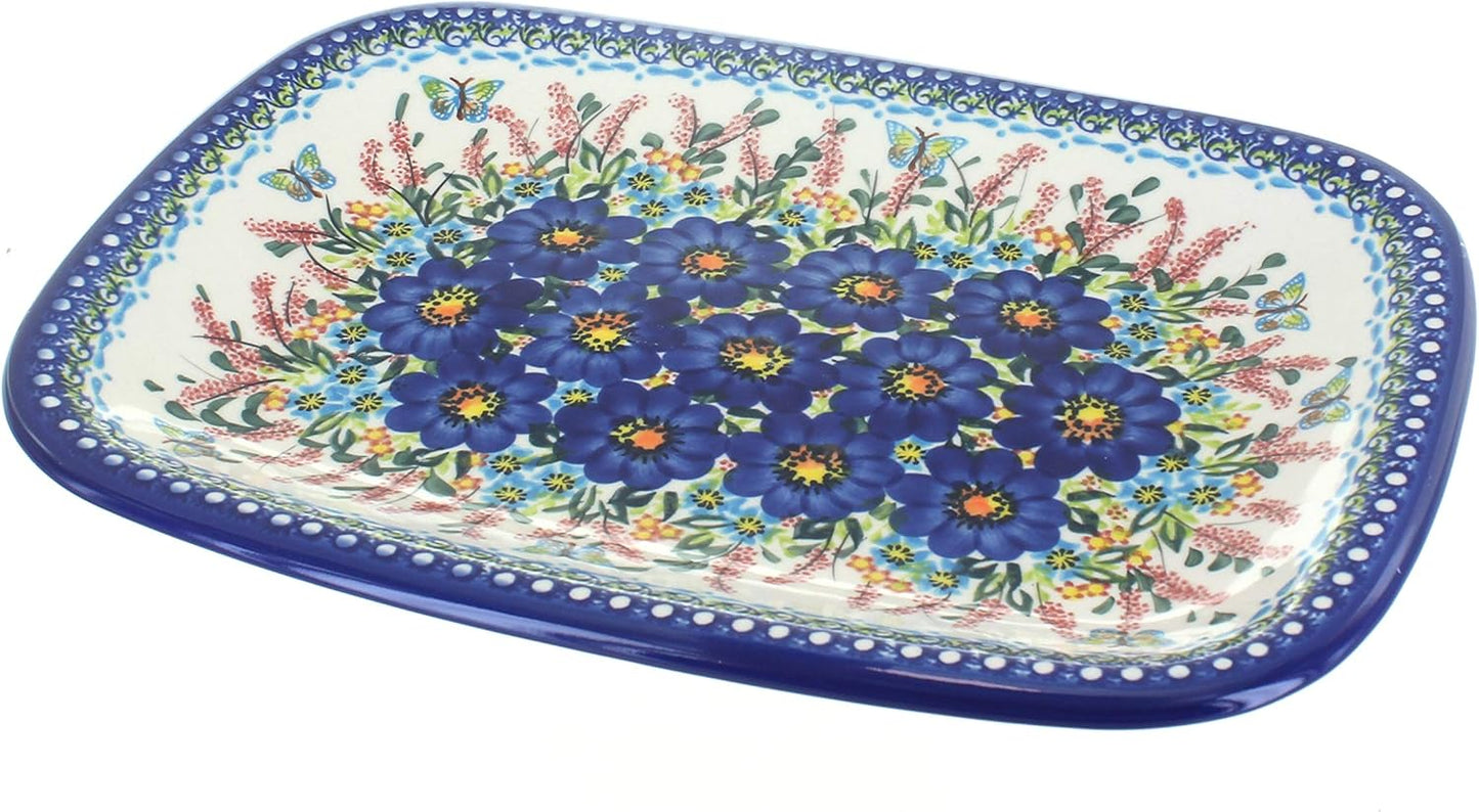 Blue Rose Polish Pottery Garden of Blue Large Rectangular Serving Platter