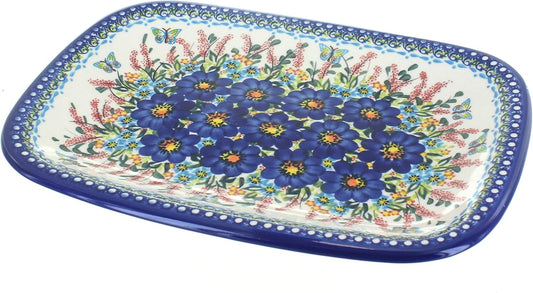 Blue Rose Polish Pottery Garden of Blue Large Rectangular Serving Platter