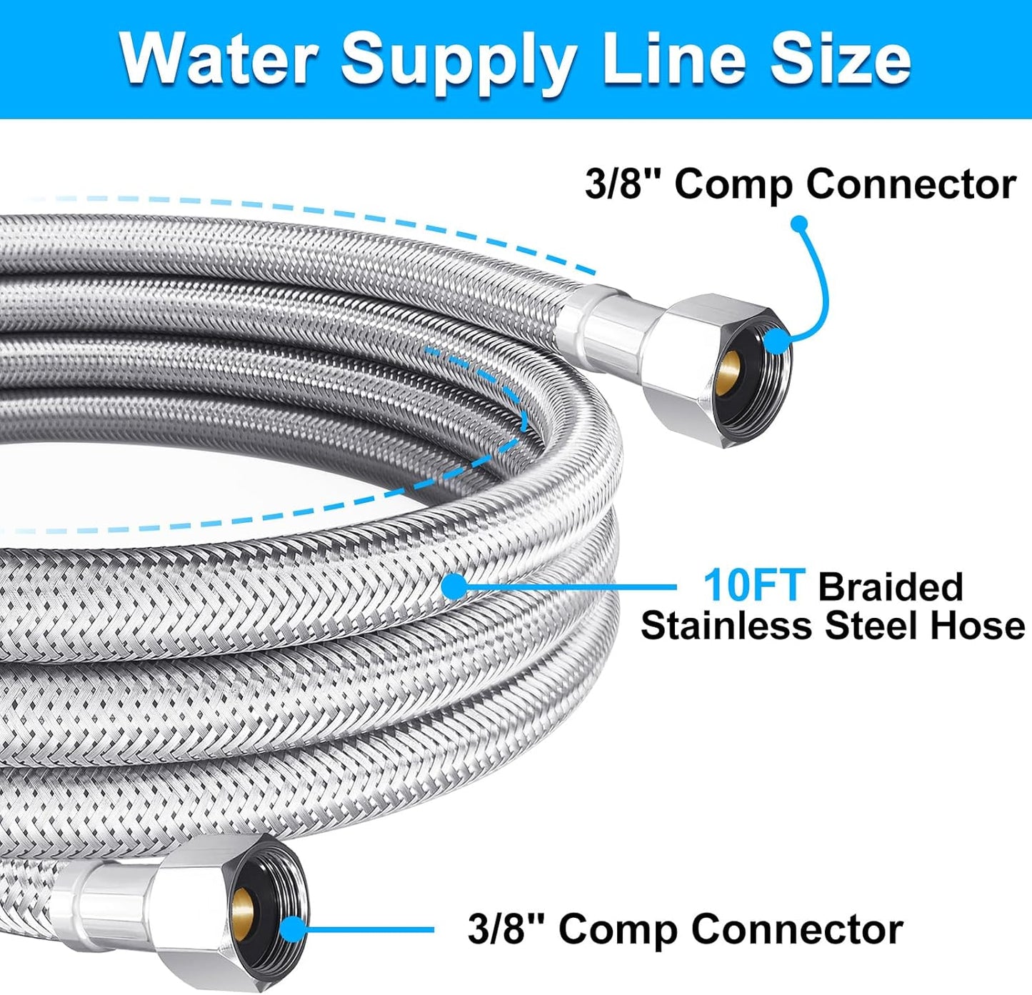 Dishwasher Installation Kit - 10 FT Stainless Steel Braided Dishwasher Hose kit,Food Grade PEX Inner Tube Water Line with Add A Tee,3/8"MIP Elbow,3/8"x3/4"FHT Elbow