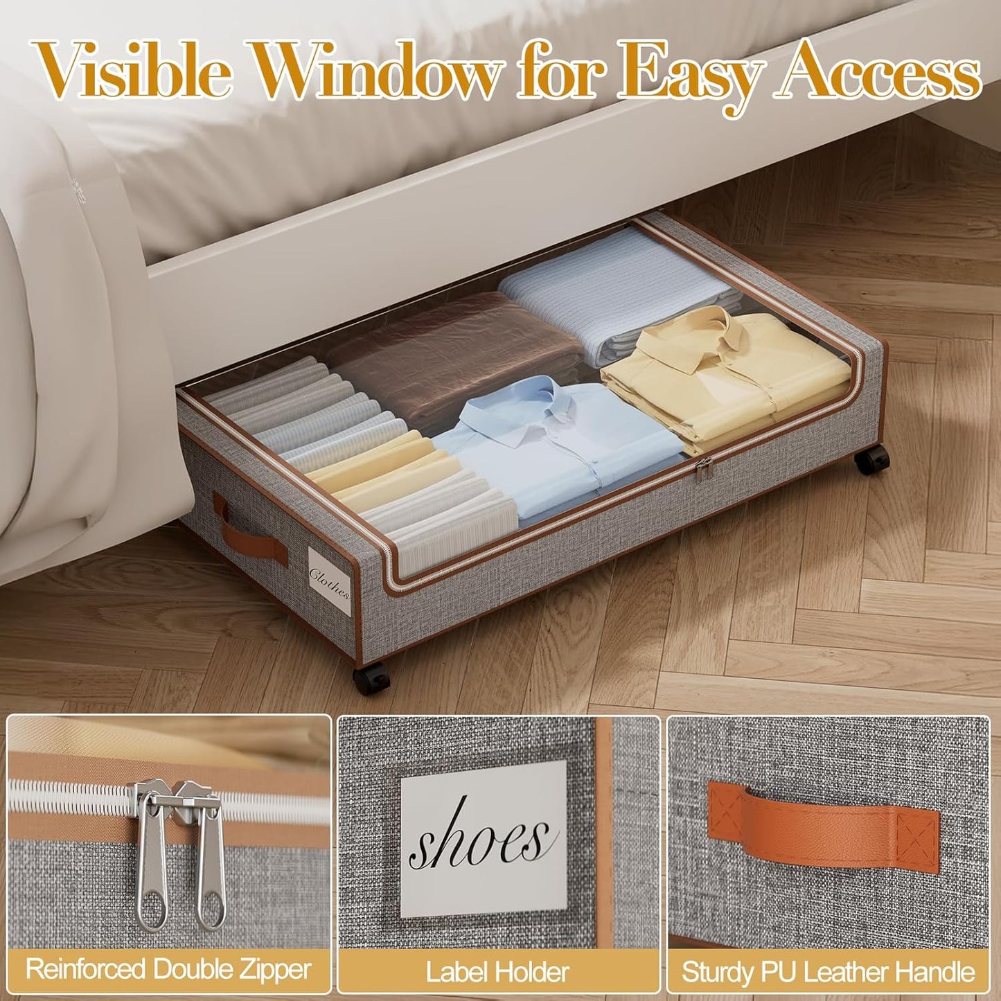 Yecaye Under Bed Storage with Wheels, 2 Pack Under Bed Storage Containers with Clear Lids & Label, XXL Large Lapacity Rolling Under Bed Drawers for Clothes, Shoes, Blankets