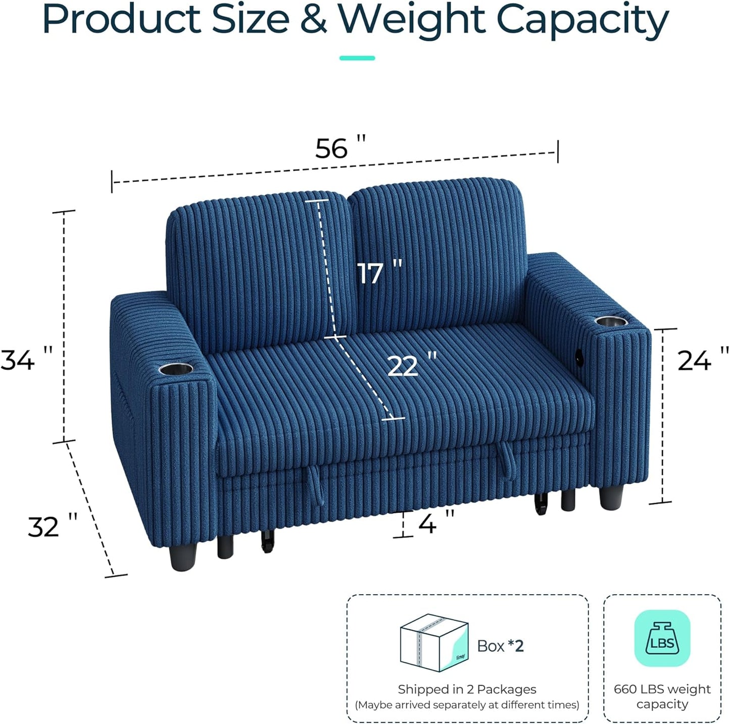 LINSY HOME Loveseat Sofa with Storage - Comfy Plush Corduroy 2 Seater Sofa with USB Charging & Cup Holders, Deep Seat Love Seat for Small Spaces Living Room Bedroom Apartment, Blue