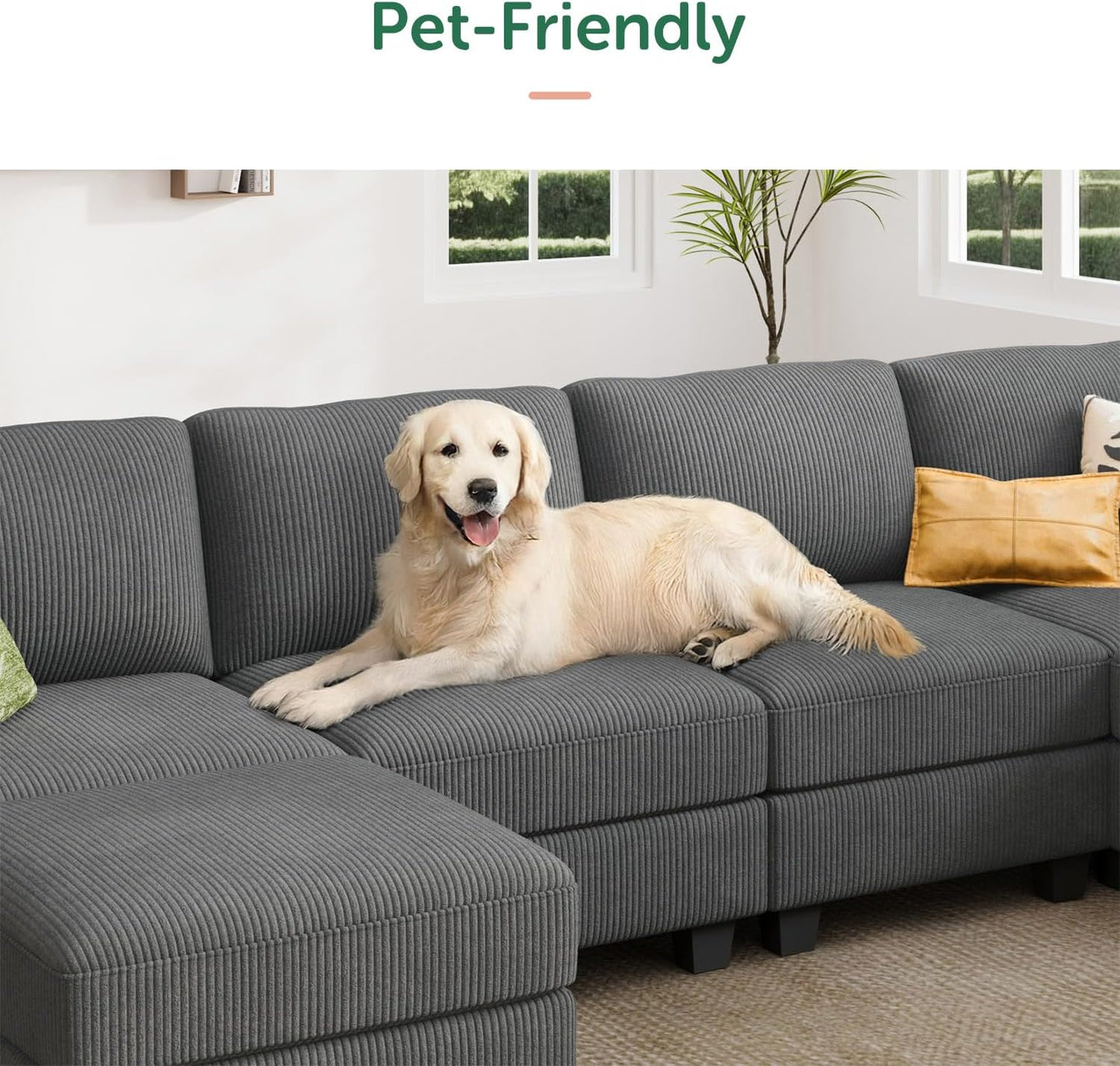 HONBAY U-Shaped Corduroy Sectional Couch with 6 Seaters Modular Sectional Sofa with Storage Sectional Couches for Living Room, Dark Gray