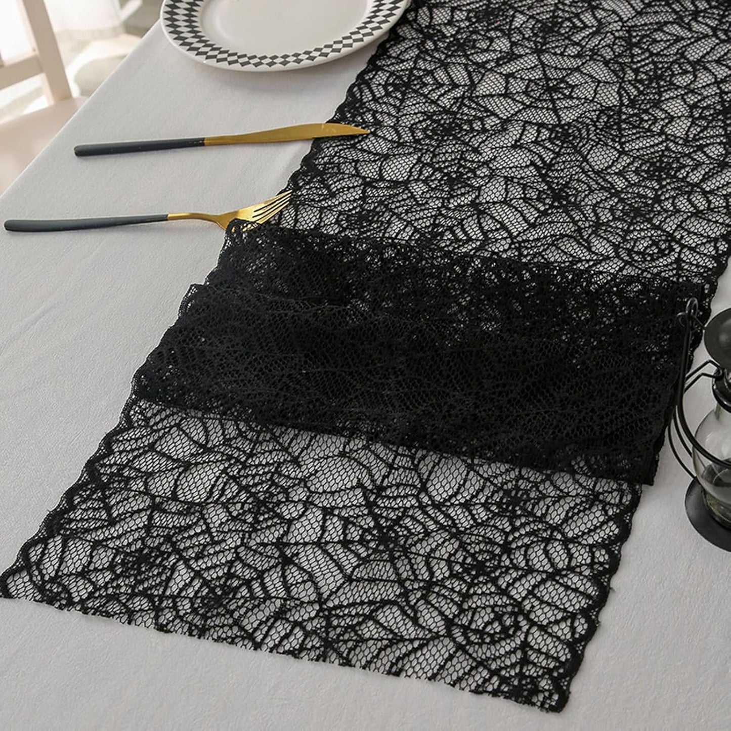 Halloween Spiderweb Lace Table Runners Black Cobweb Designs Table Cover Flag Halloween Tabletop Centerpieces & Fireplace Mantel Decorations for Autumn Home Indoor Party Decor