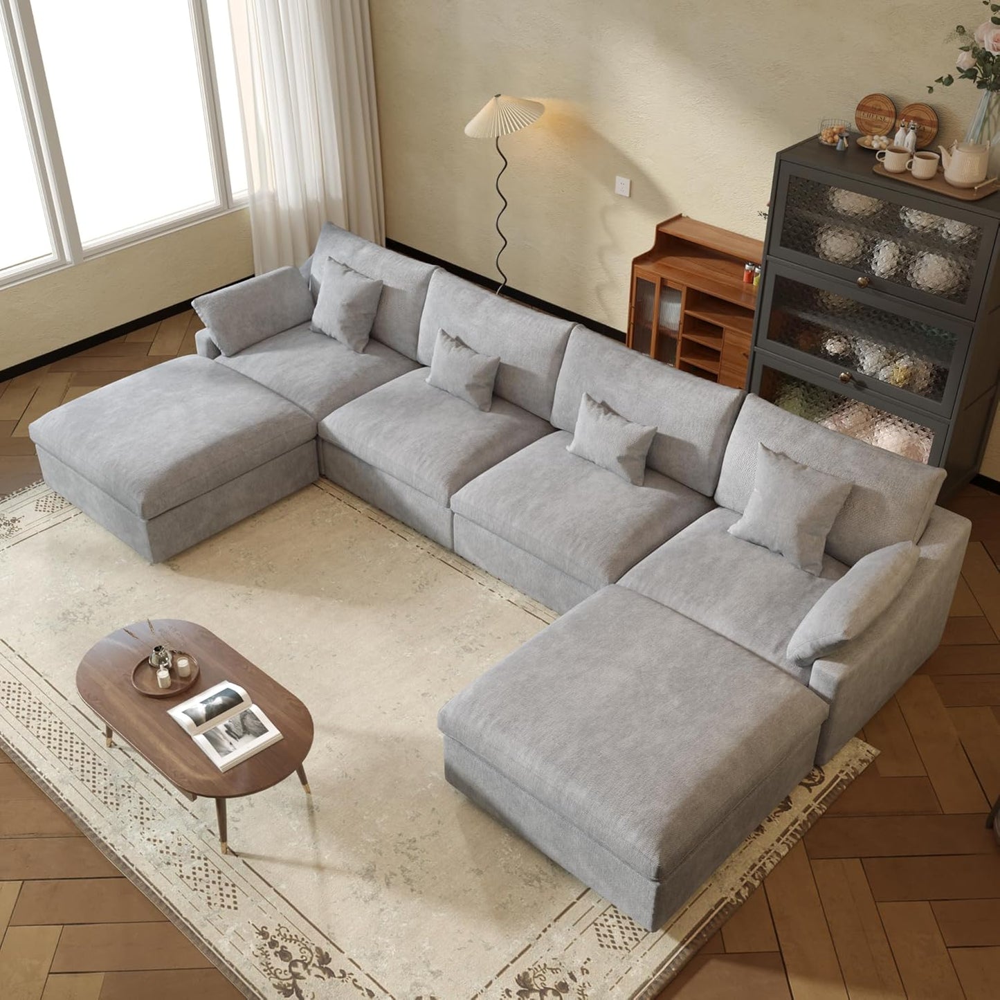JACH U-Shaped Sectional Couches for Living Room, Cloud Sectional Couch with Deep Seat, 155.9" Modular Sofa with Chaise, Covers Removeable & Washable, Sofas Furniture for Living Room, Light Grey