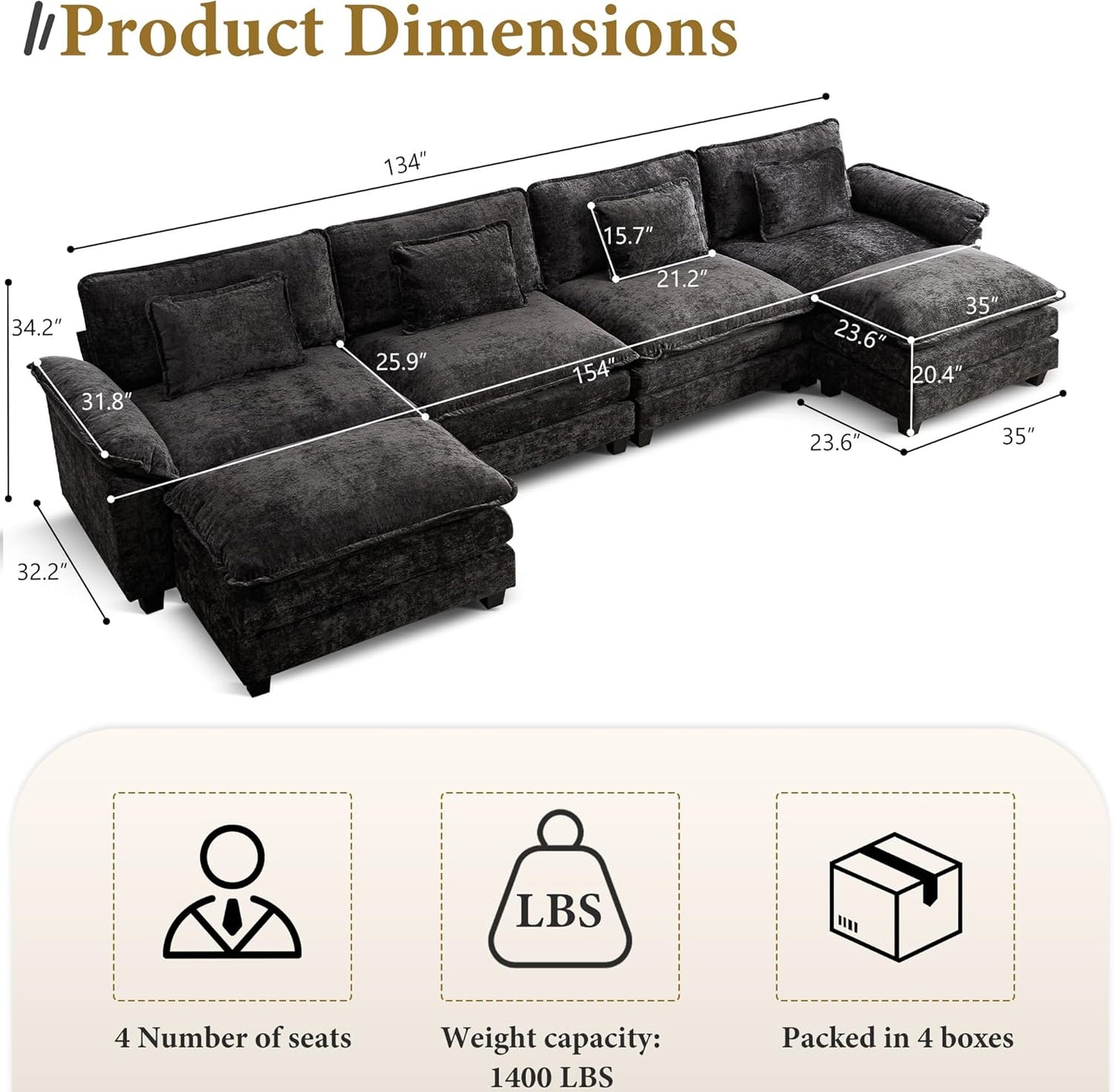 URRED Modular Sectional Sofa Comfy Cloud Couch, Modern Chenille Sofa Sleeper Deep Seat Couches with Ottoman/Pillows for Living Room (Black, 154'' - U Shape)