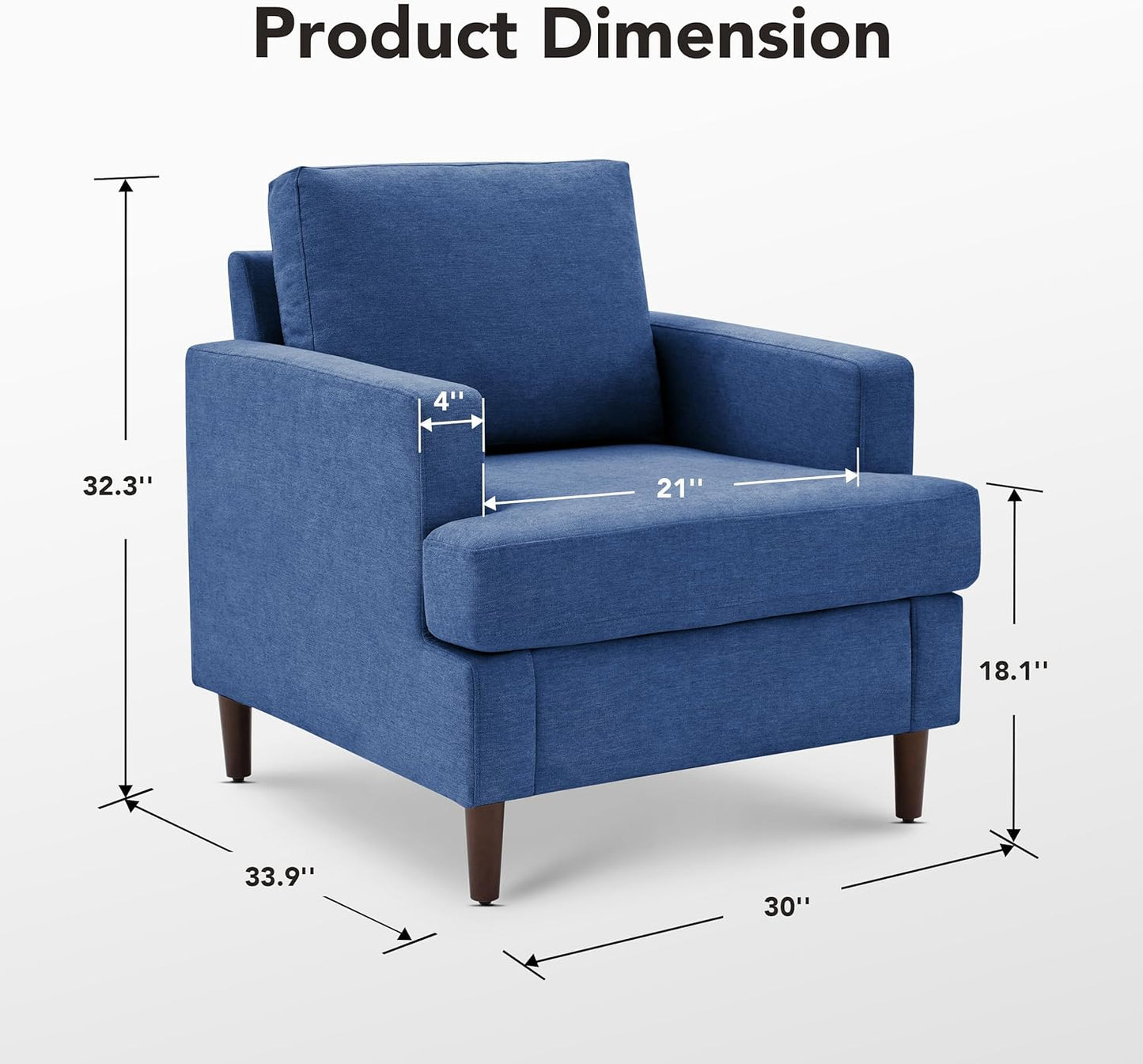 Mid-Century Accent Chair,Modern Linen Fabric Armchair for Living Room,Comfy Upholstered Reading Accent Chairs for Bedroom,Single Sofa Chair with Wood Legs (Blue, 1 Pack)