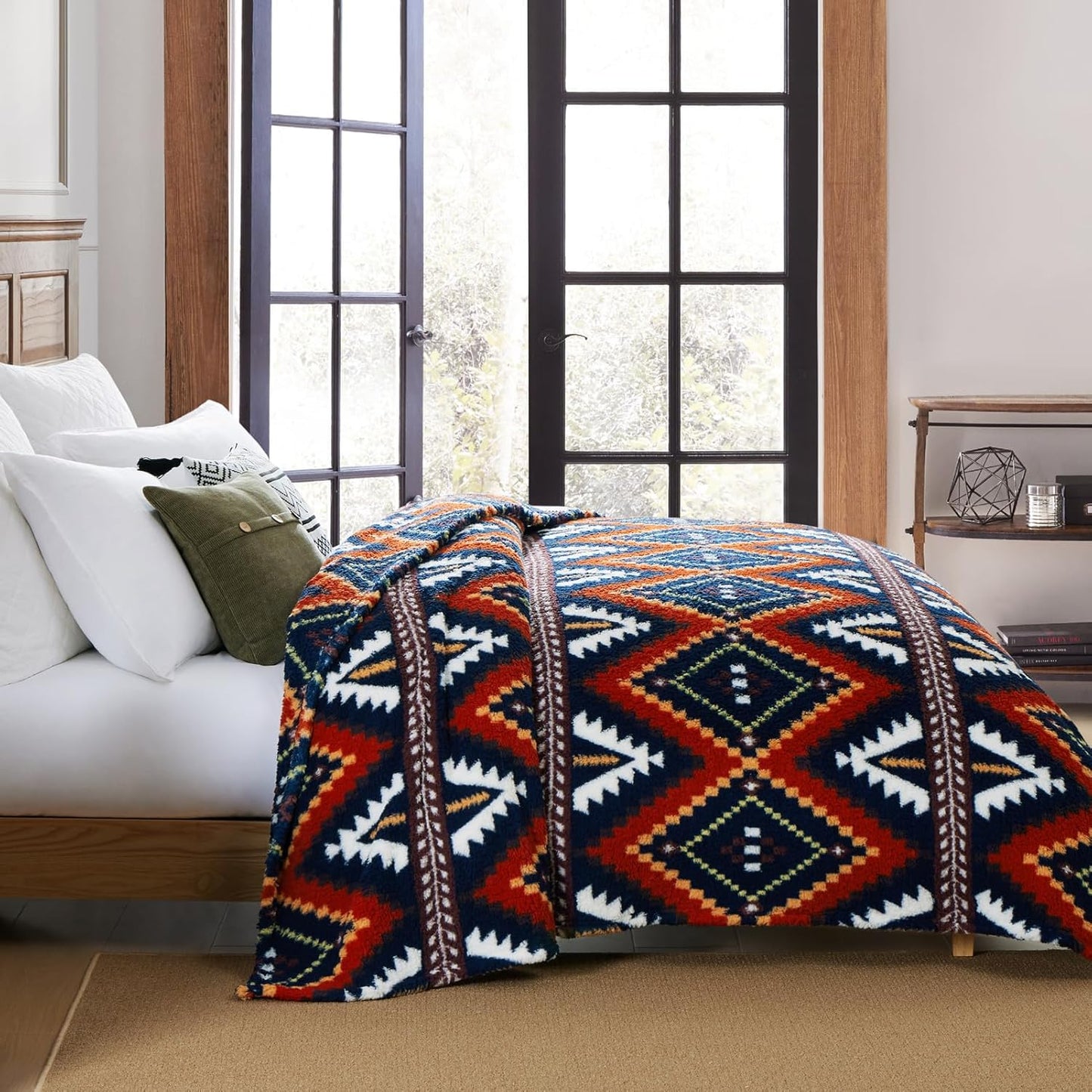 CASAAGUSTO Boho Sherpa Throw Blanket, Aztec King Size Blanket, Ultra Soft, Warm, Cozy, Plush, Thick Fleece Bohemian Throw Blanket for Couch, Bed, Sofa (Navy 108 * 90 Inch)