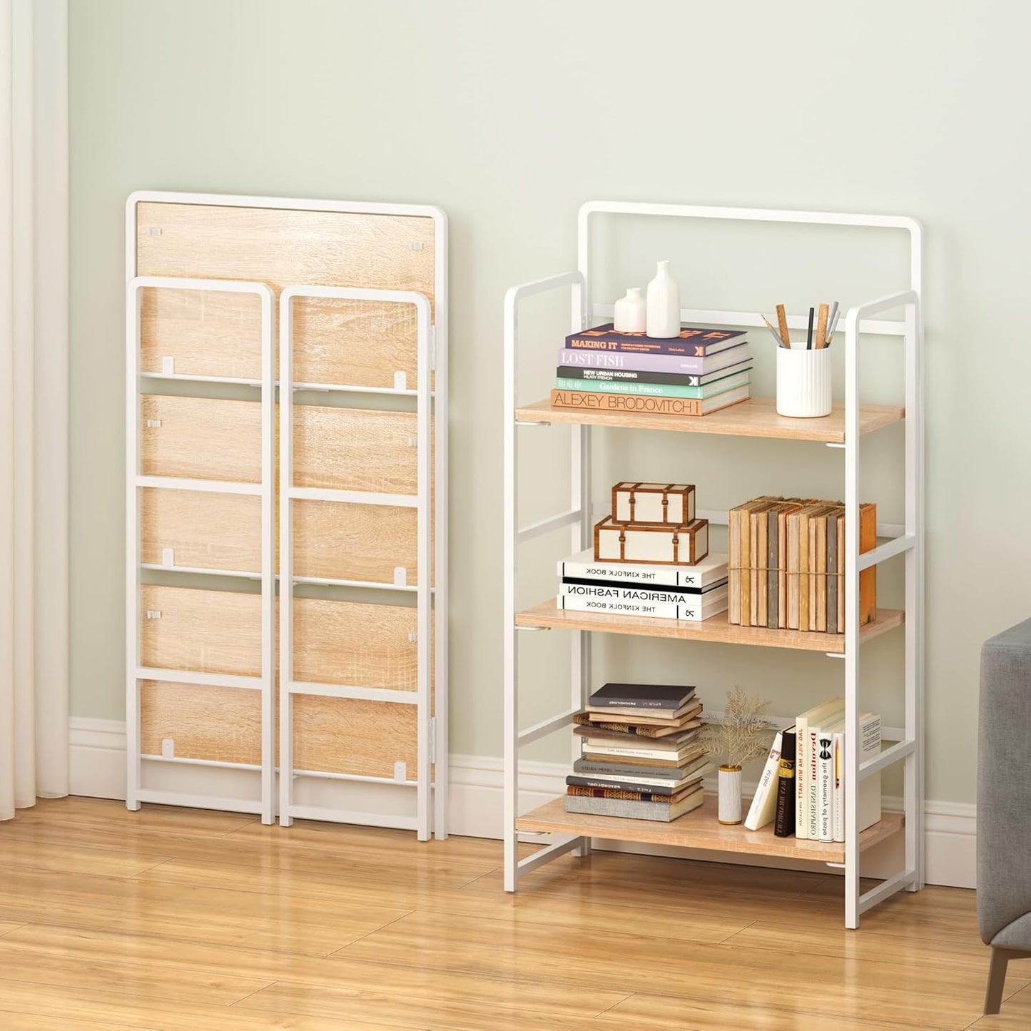 4NM No Assembly Foldable Bookshelf, 3-Shelf Collapsible Bookcase Storage for Small Spaces, 42.1" H, Natural White