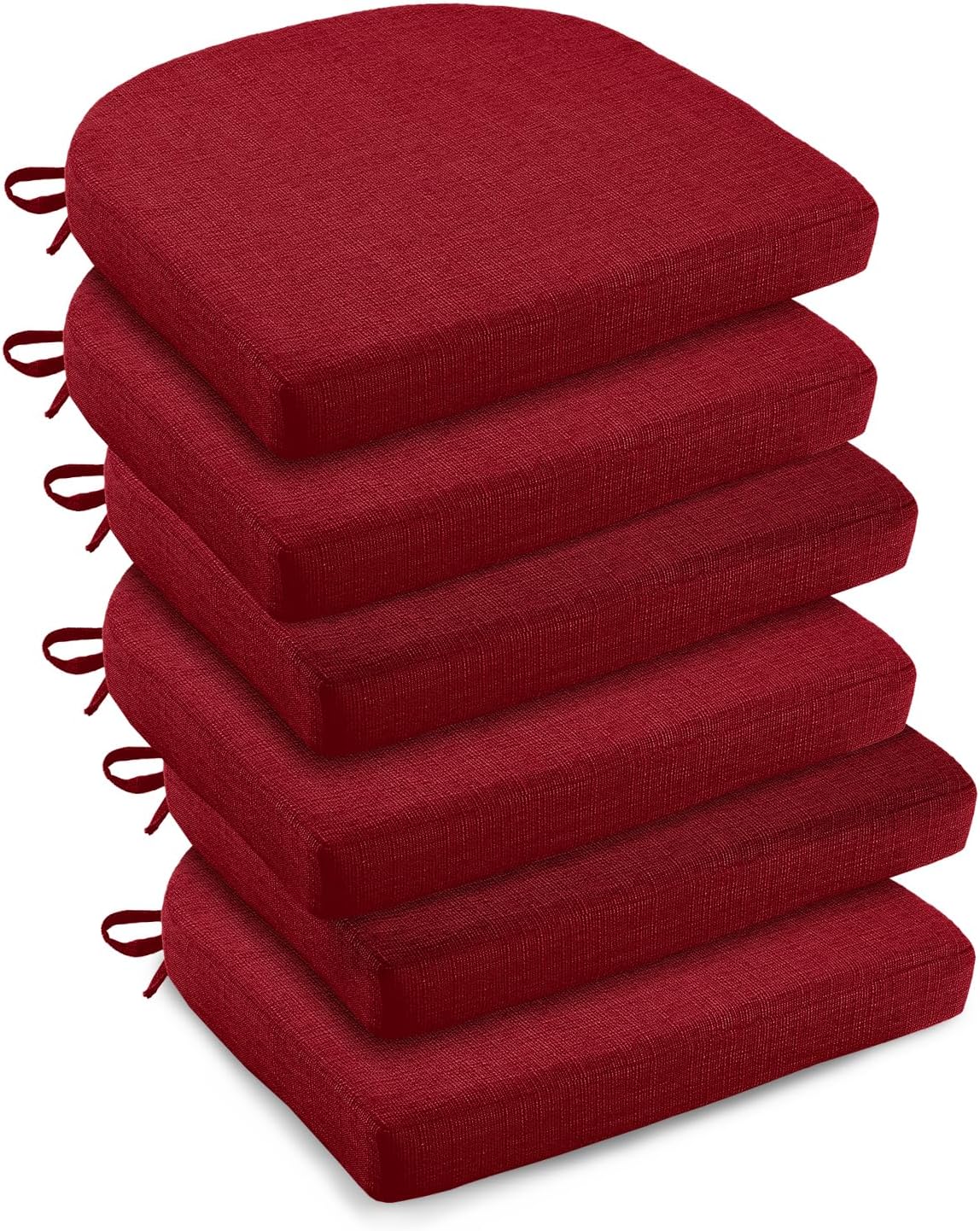 downluxe Indoor Chair Cushions for Dining Chairs, Soft and Comfortable Textured Foam Kitchen Chair Pads with Ties and Non-Slip Backing, 16" x 16" x 2", Red, 6 Pack
